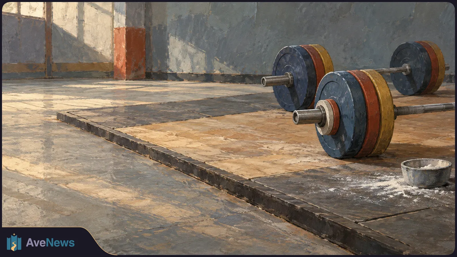 Painted weightlifting platform with two loaded barbells, a chalk bowl and sunlight falling across the empty gym floor. SI illustration