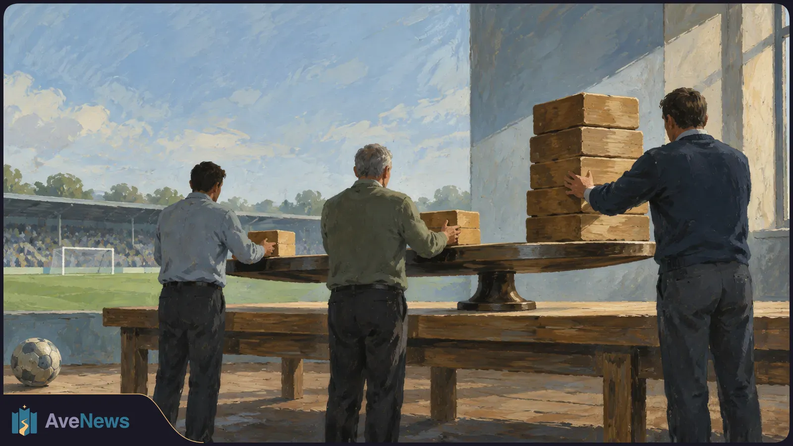 Painted scene of three men, seen from behind, placing wooden boxes on a large balance beside a football pitch. A ball rests on the ground nearby. SI illustration