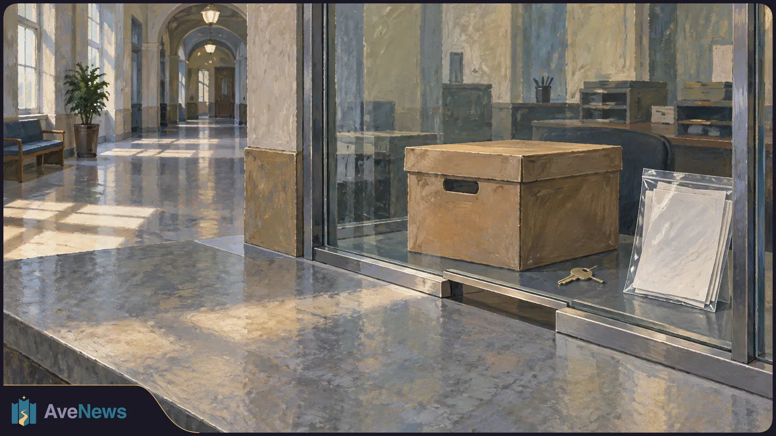Painterly illustration of a sunlit hallway beside a glass-fronted office counter, with a cardboard box, key and blank papers behind the glass. SI illustration