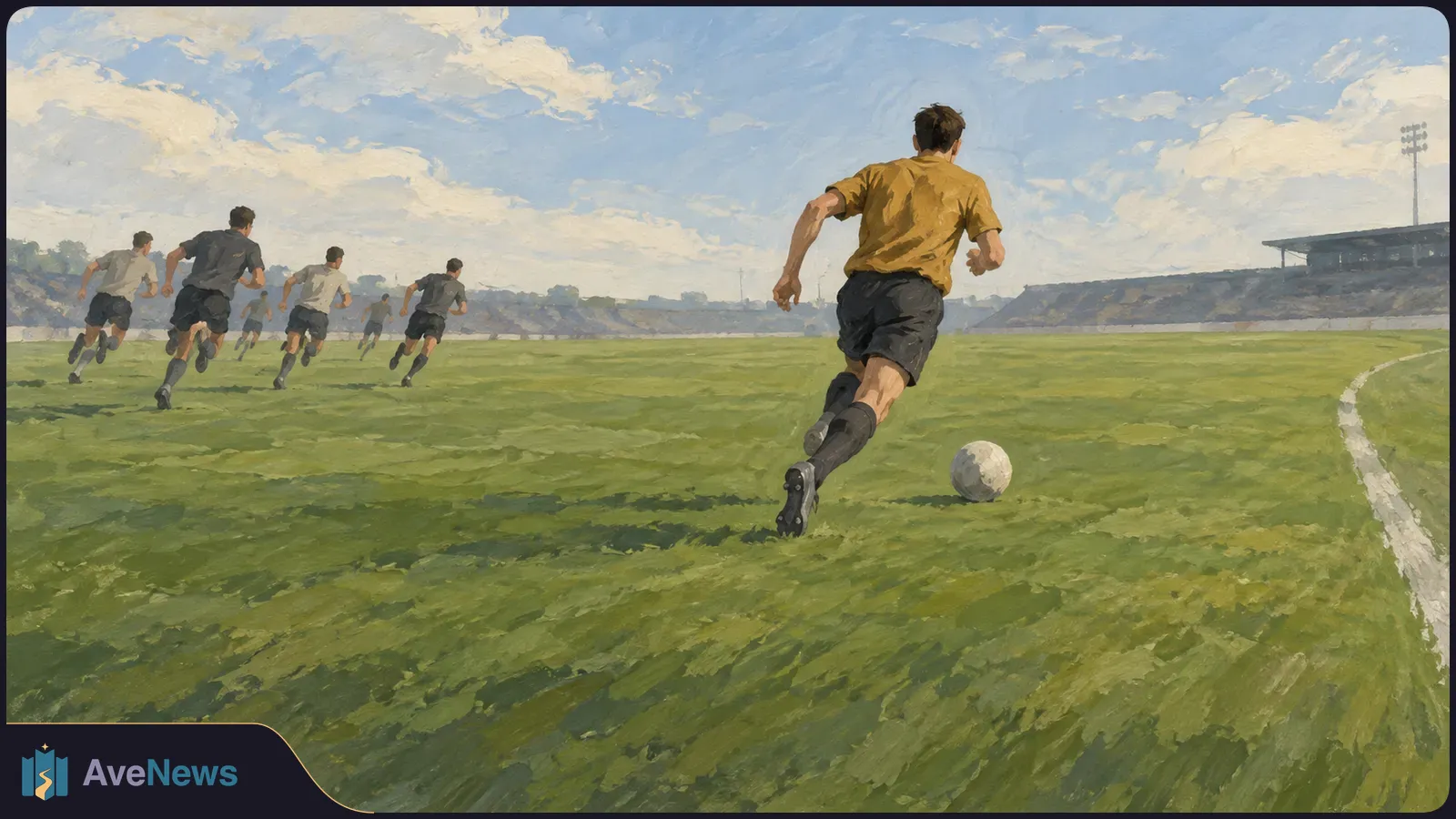 Painted scene of soccer players running across a green field, with one player in a gold shirt following a ball in the foreground and stadium stands behind. SI illustration