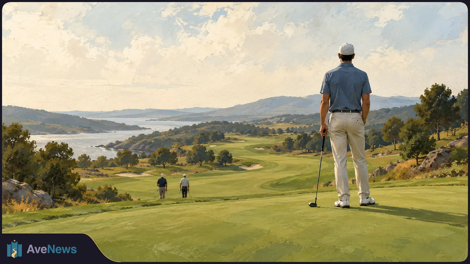 Painted view of a golfer holding a club on a hilltop, with two golfers farther down a green course beside a lake and mountains. SI illustration