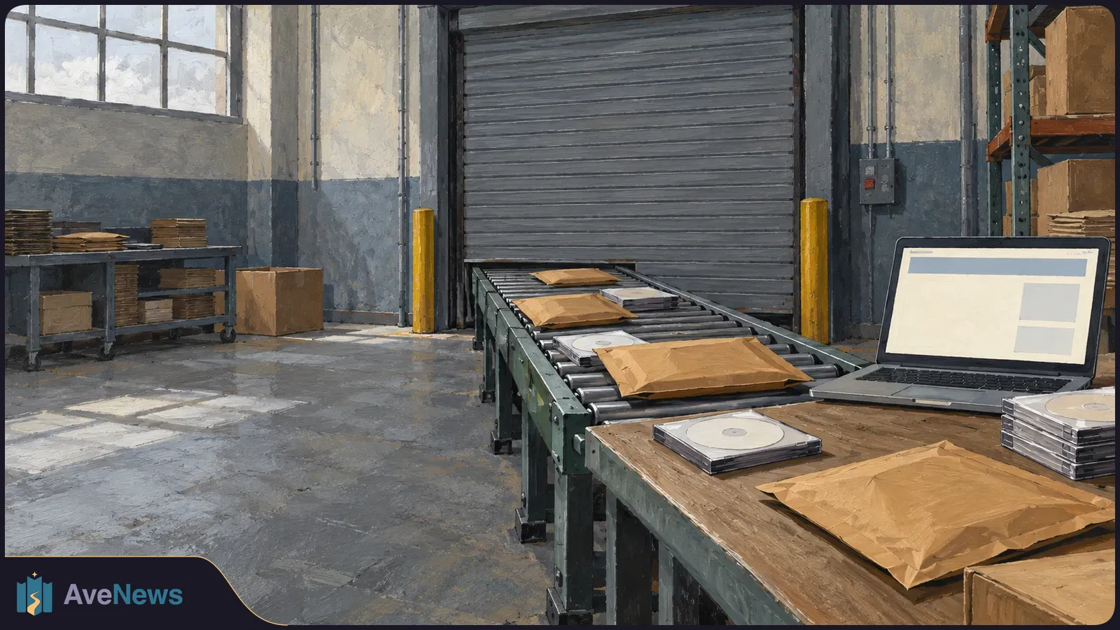Illustrated warehouse with disc cases and padded mailers on a conveyor beside an open laptop; boxes and a closed loading door are behind them. SI illustration