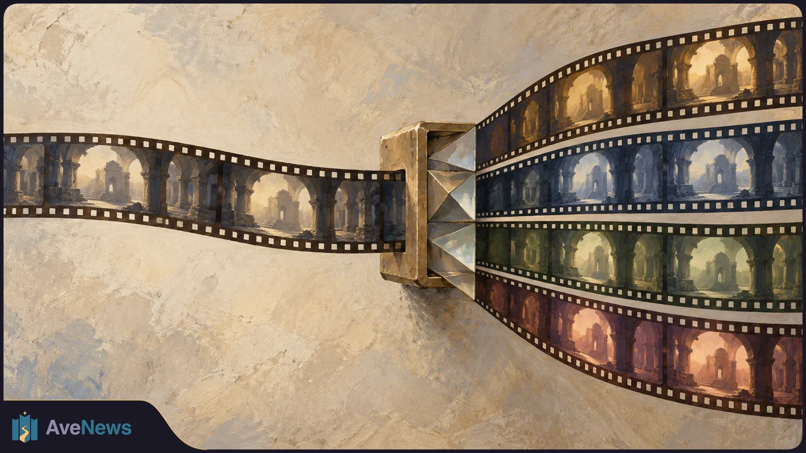 Painted film strips showing arched stone ruins pass through a central prism-like device and spread into four differently tinted strips. SI illustration