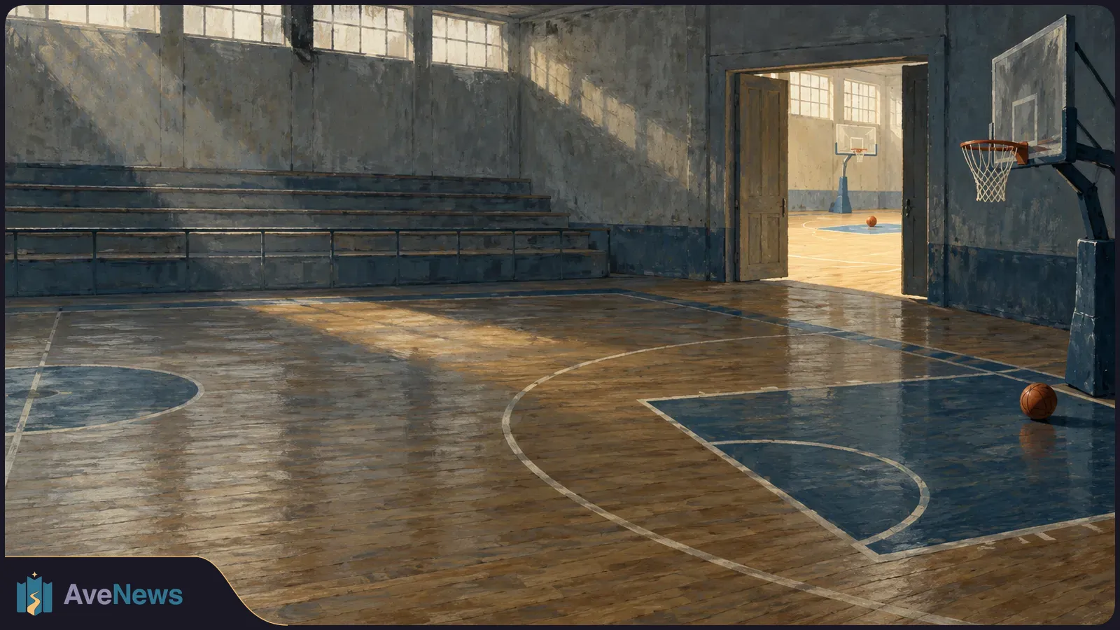 An empty basketball gym with wooden bleachers, a hoop and a ball in the foreground; open doors reveal another sunlit court. SI illustration