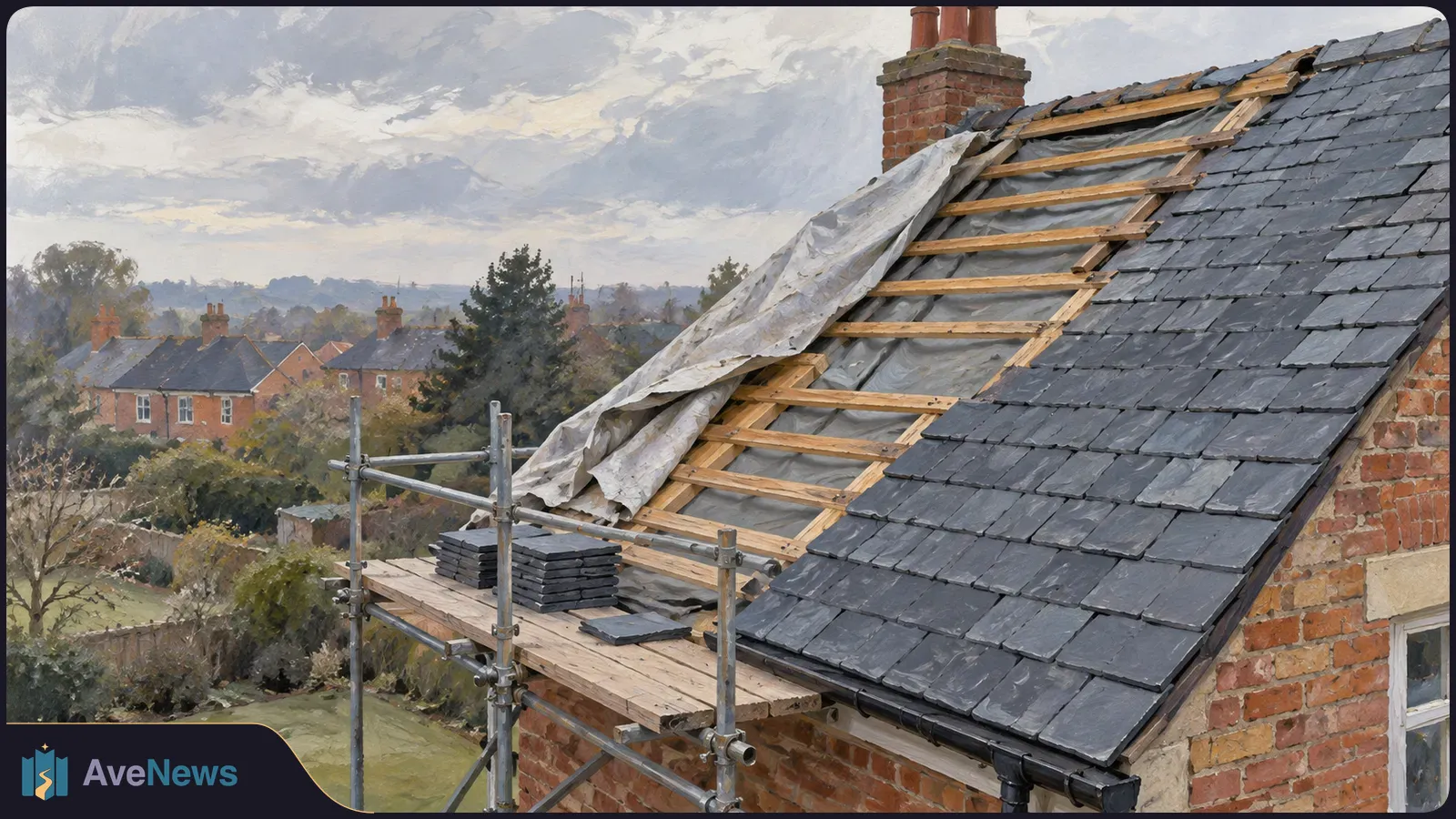 Painted view of a brick house with part of its slate roof stripped back, exposing timber battens and a draped sheet. Stacks of slates sit on scaffolding, with houses beyond. SI illustration