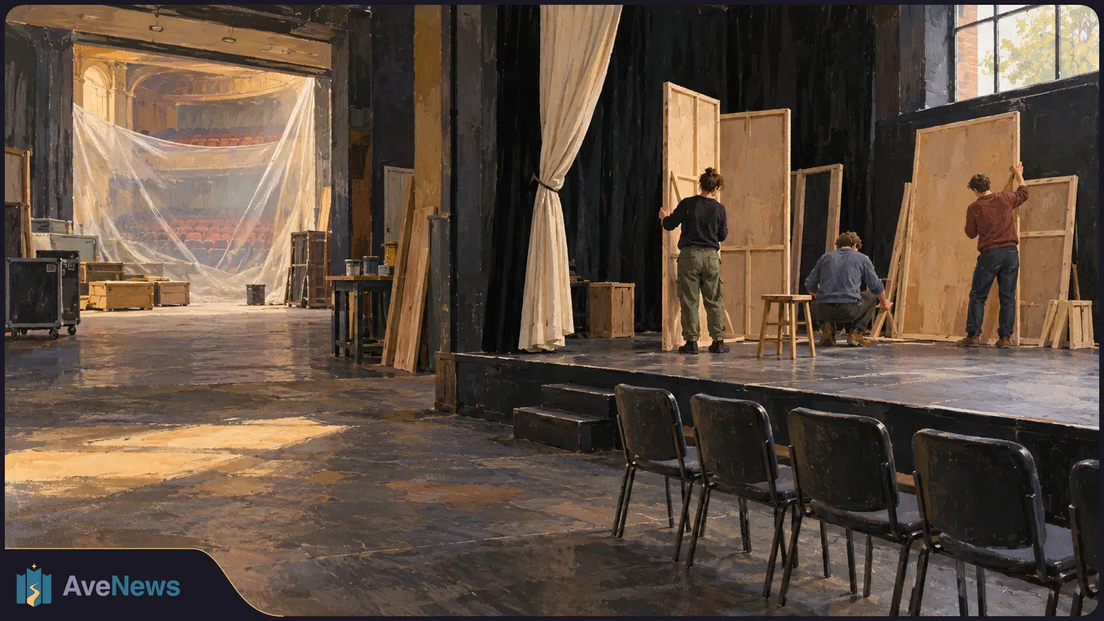 Illustration of three people arranging wooden set panels on a theater stage, with black curtains, empty chairs and an auditorium beyond translucent sheeting. SI illustration