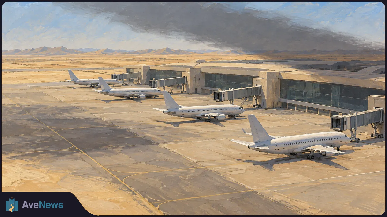 Painterly view of four unmarked passenger planes parked beside jet bridges at a desert airport beneath a broad dark cloud. SI illustration