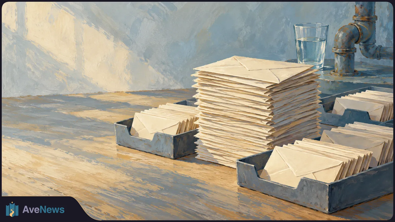 Painted illustration of a tall stack of envelopes and more envelopes in metal trays on a wooden table, with a glass of water and pipes behind them. SI illustration