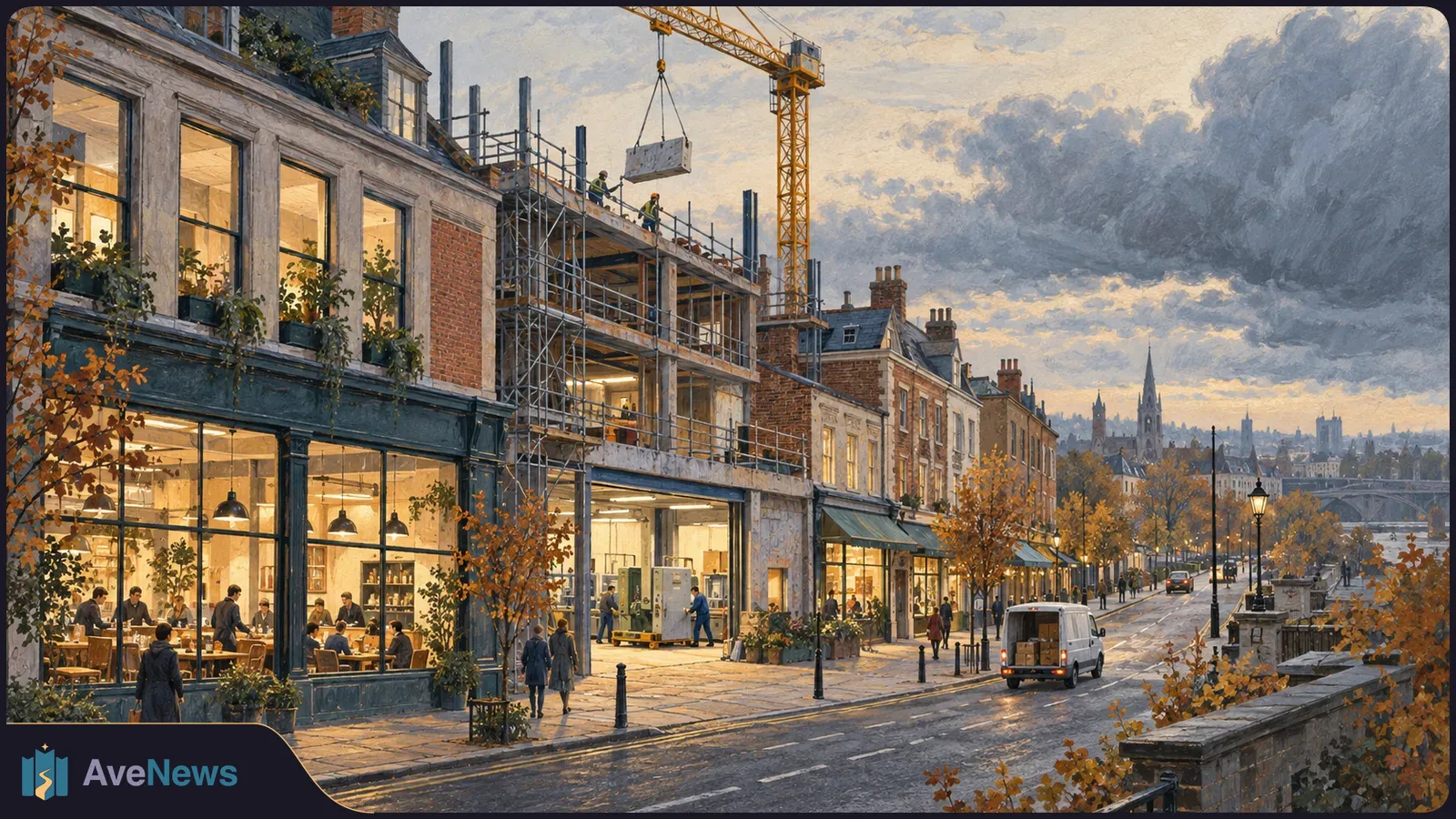 Painted city street with a crane and workers at a building site, lit shops and a café, pedestrians, and a delivery van beneath a cloudy sky. SI illustration