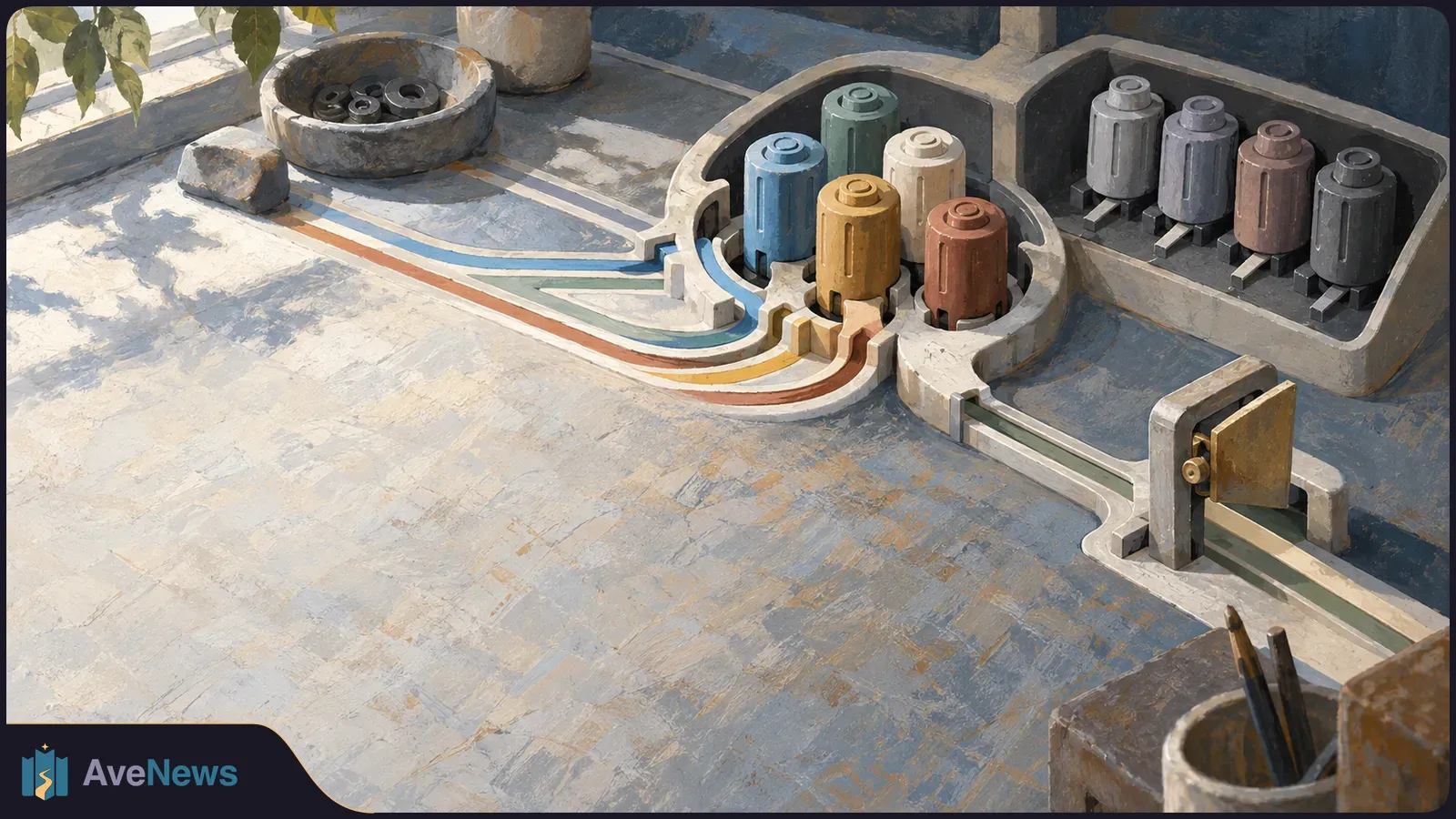 Painted illustration of five colored cylindrical modules in a circular socket, four more in a separate tray, and colored tracks leading to a switch. SI illustration