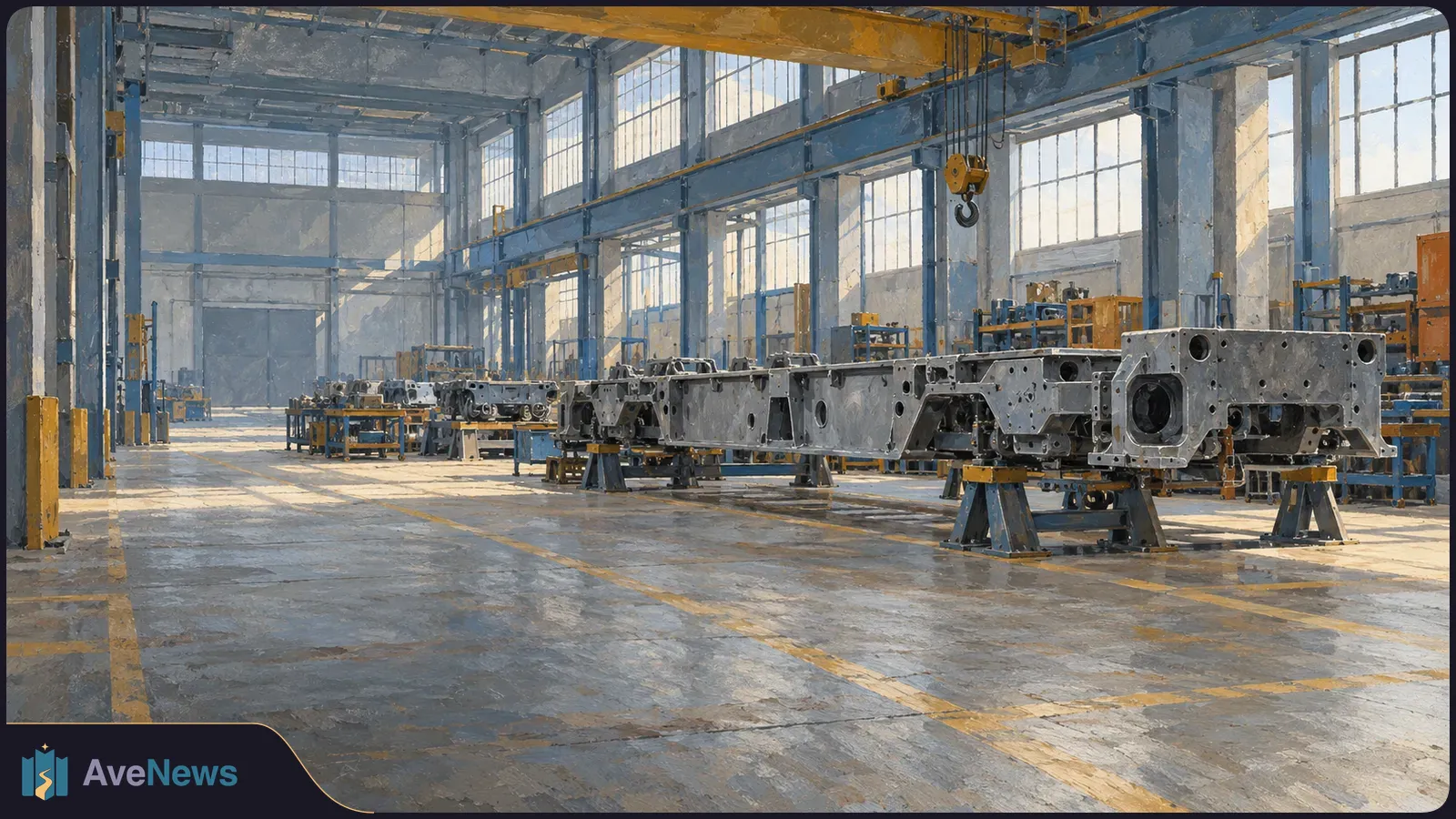 In a sunlit factory hall, large metal chassis frames stand in a row on supports beneath an overhead crane hook. SI illustration