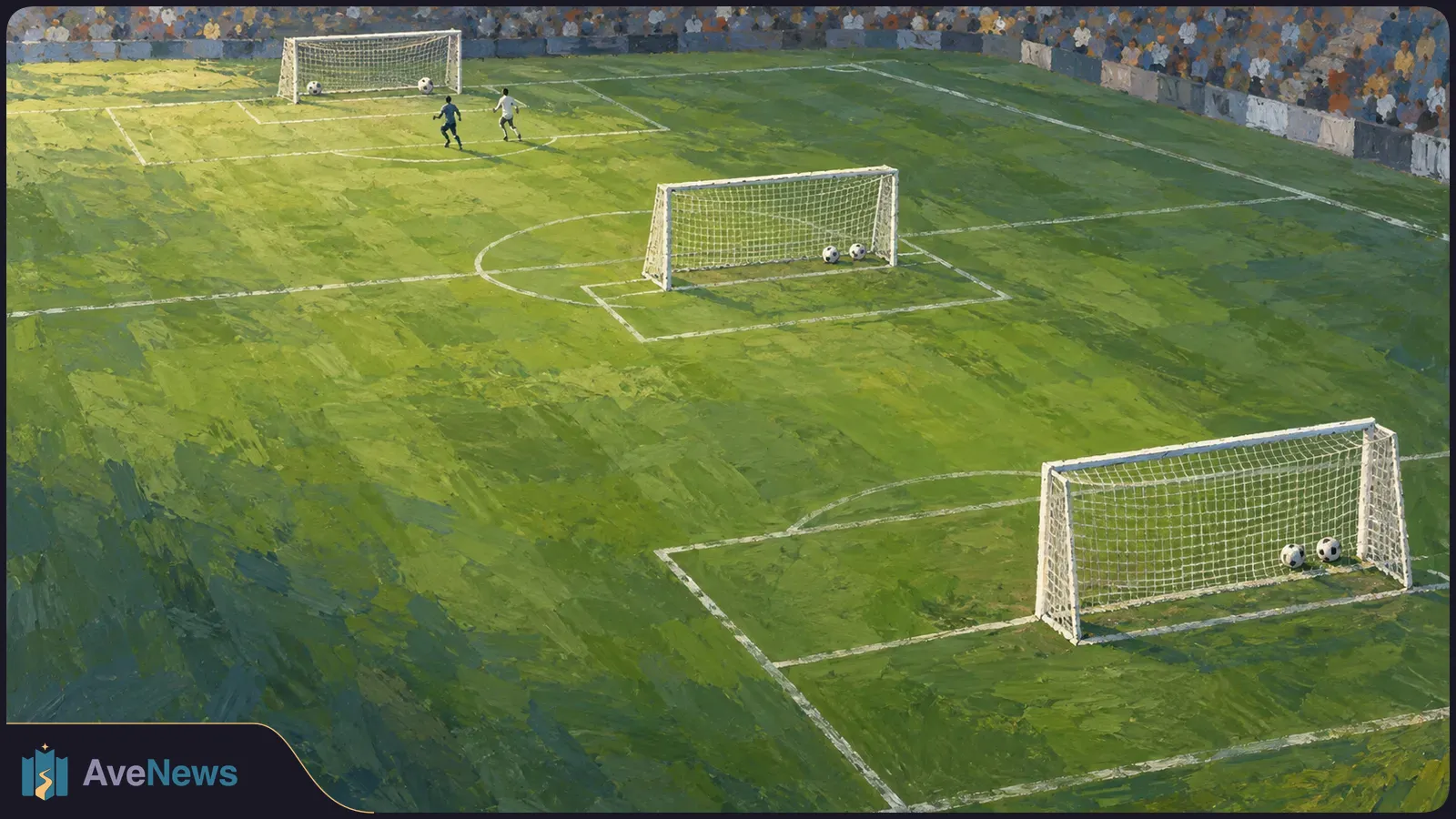 Painted football stadium with three goals across one pitch, two balls in each net, and two small players near the far goal. SI illustration
