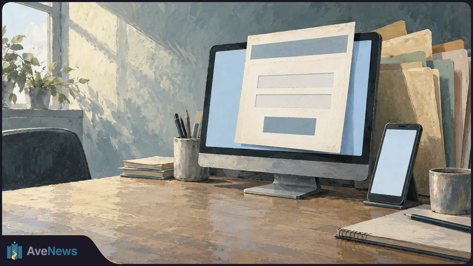 Painted desk scene with a desktop monitor showing a blank sign-in-style form, a blank phone, folders, notebooks, pens and a plant by the window. SI illustration