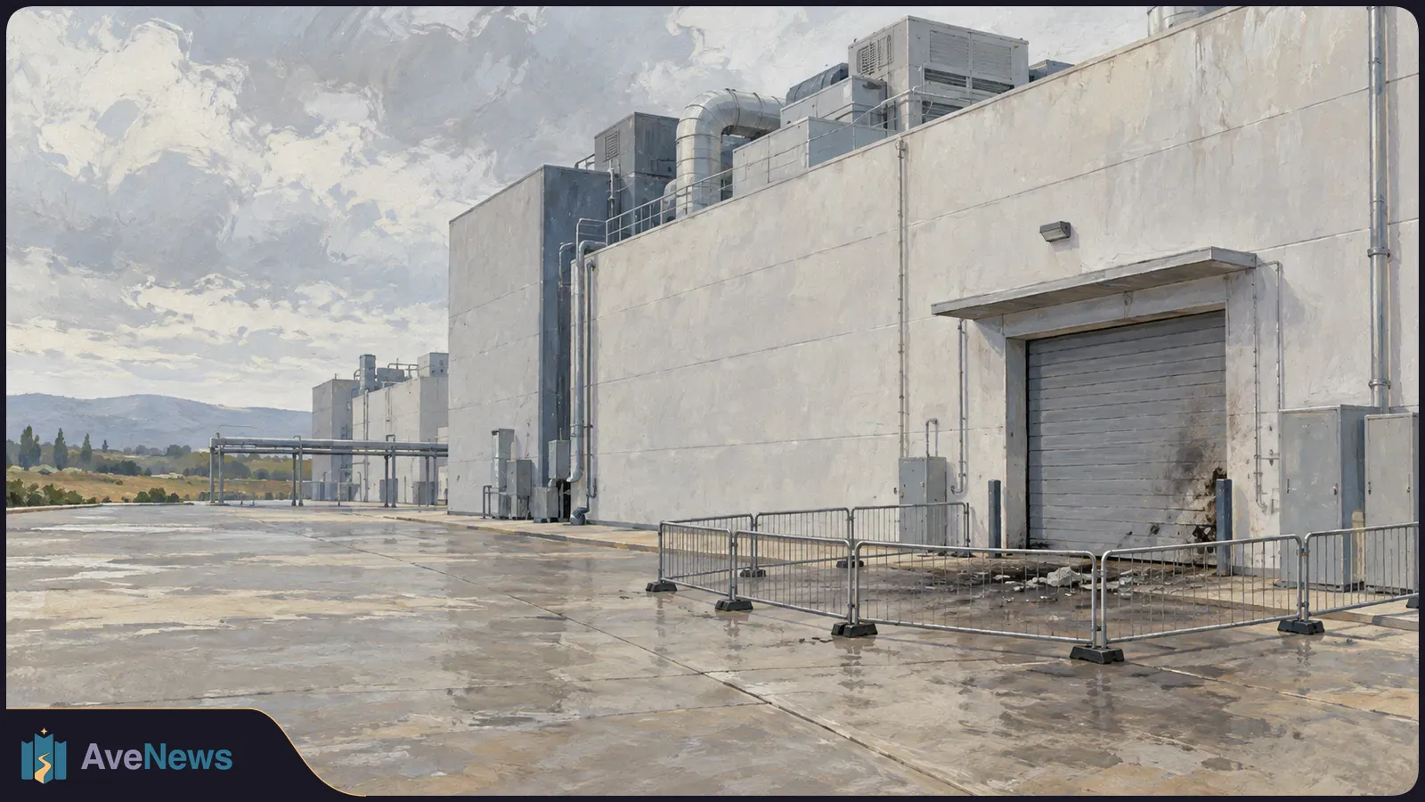 Painterly view of a pale industrial building with rooftop ducts, a soot-marked roll-up door, scattered debris and metal barriers across a wet concrete yard. SI illustration