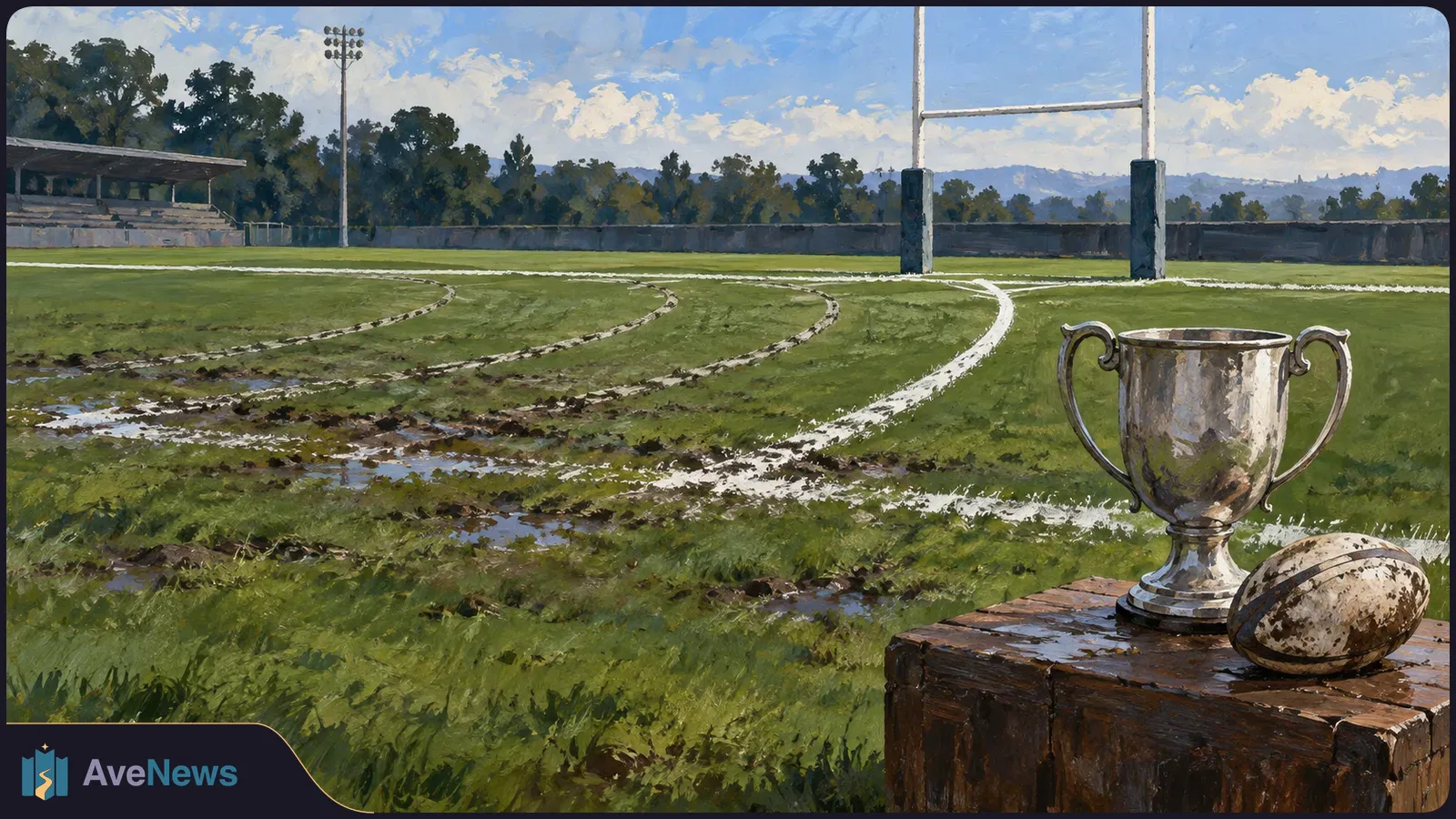 Painted empty rugby field with white lines and goalposts. A silver trophy and muddy rugby ball sit on a wooden crate in the foreground. SI illustration