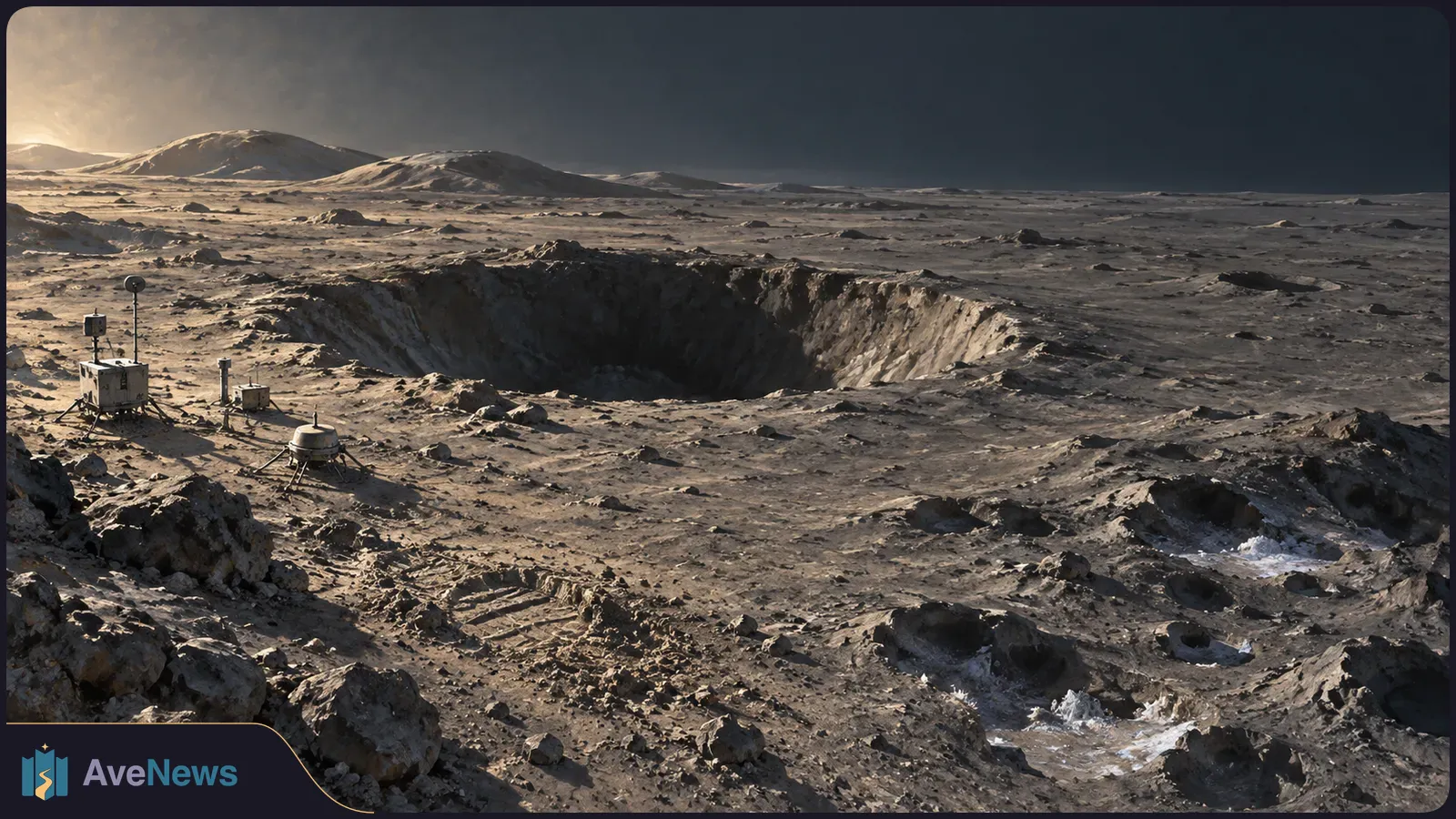 A large pit in a rocky, moon-like plain, with three small instruments to its left and low hills beneath a dark sky. SI illustration