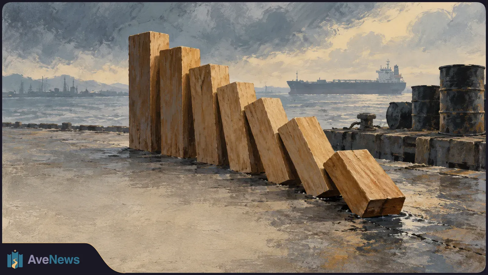 Painted harbor scene with wooden blocks of decreasing height, some tipping over, on a wet dock. Dark barrels stand nearby, and a tanker sits offshore beneath cloudy skies. SI illustration