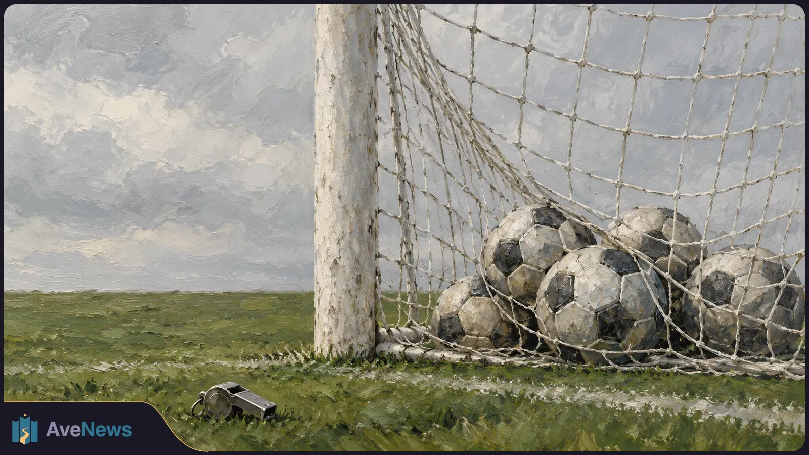 Painterly illustration of several soccer balls caught in a goal net, with a whistle on the grass beneath a cloudy sky. SI illustration