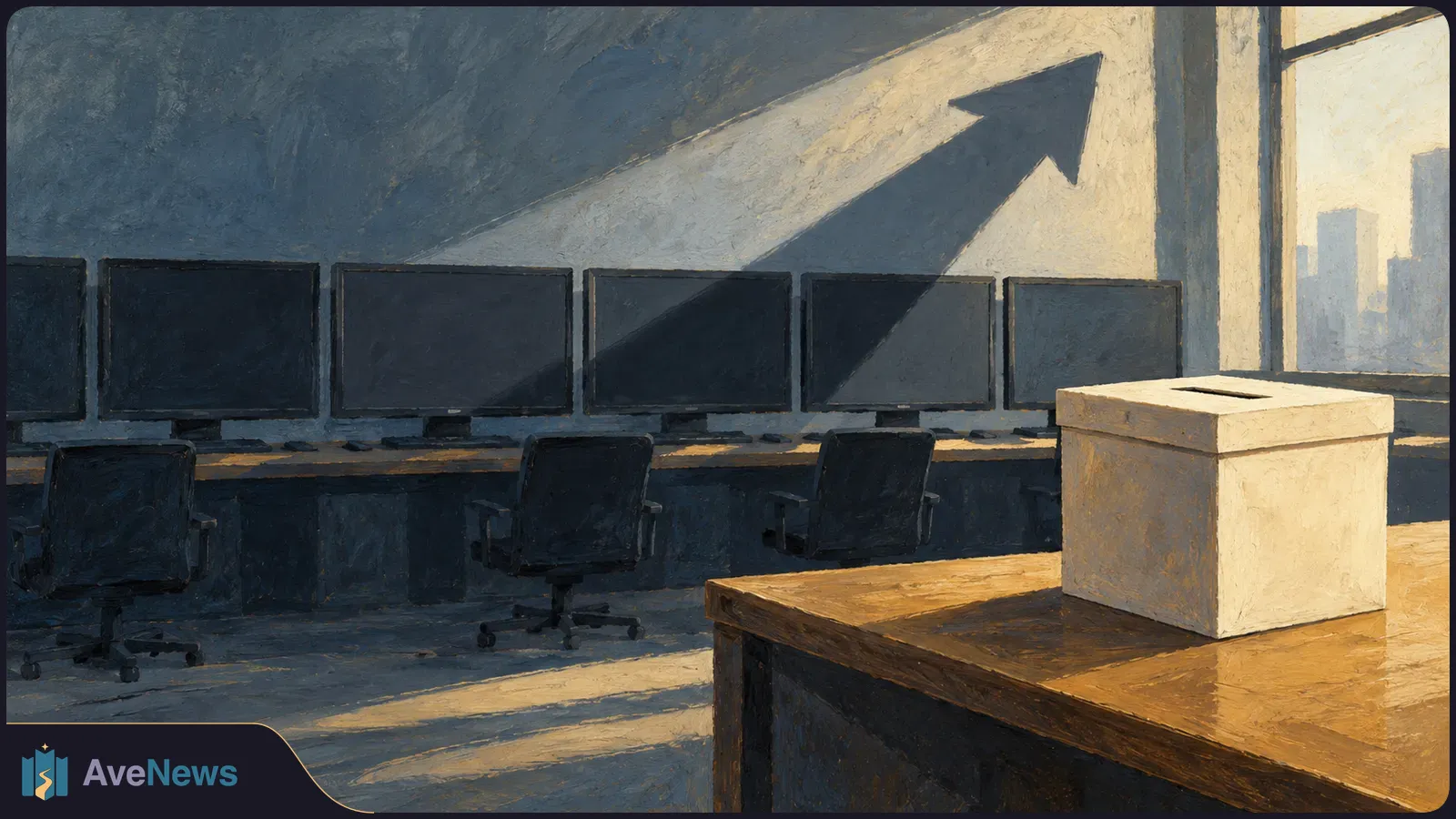 A painted room with dark monitors and empty chairs. A ballot box sits on a wooden table beneath a large upward arrow, with a city skyline beyond the window. SI illustration