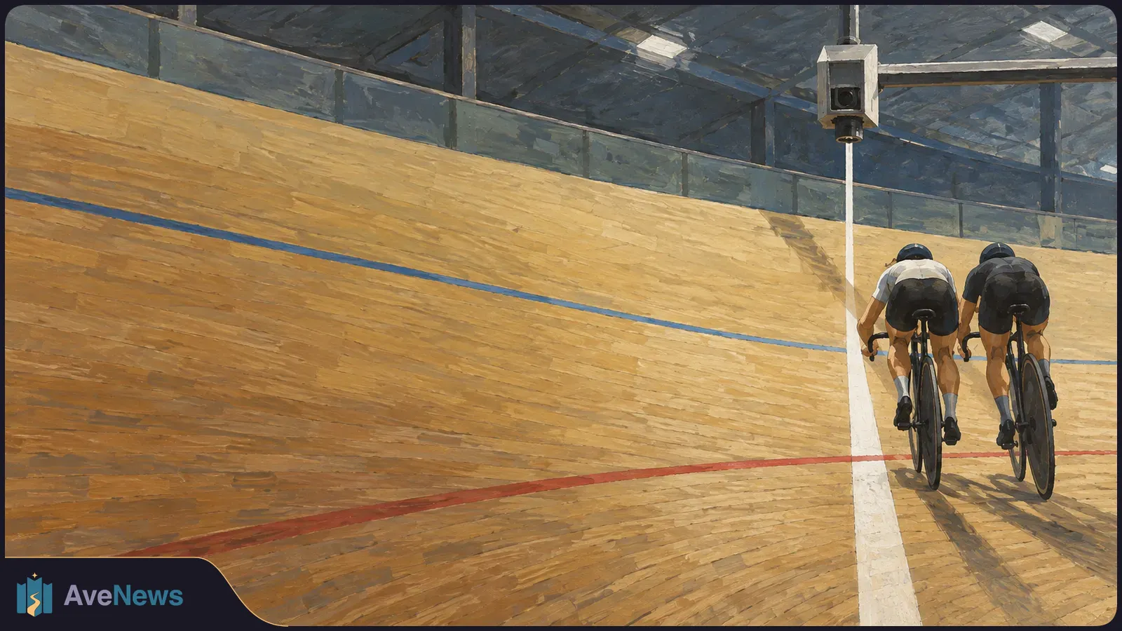 Two cyclists seen from behind ride side by side on the curved wooden track of an indoor velodrome. SI illustration