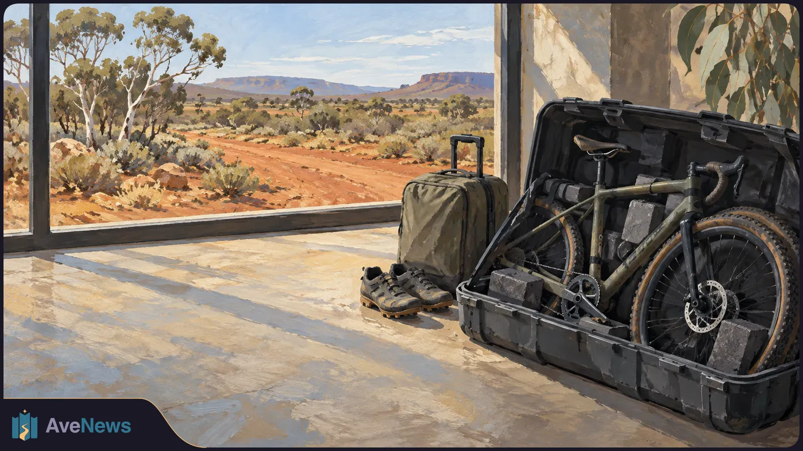 Painted scene of a gravel bike in an open travel case beside a suitcase and cycling shoes, with a red dirt track and scrubland beyond a large window. SI illustration