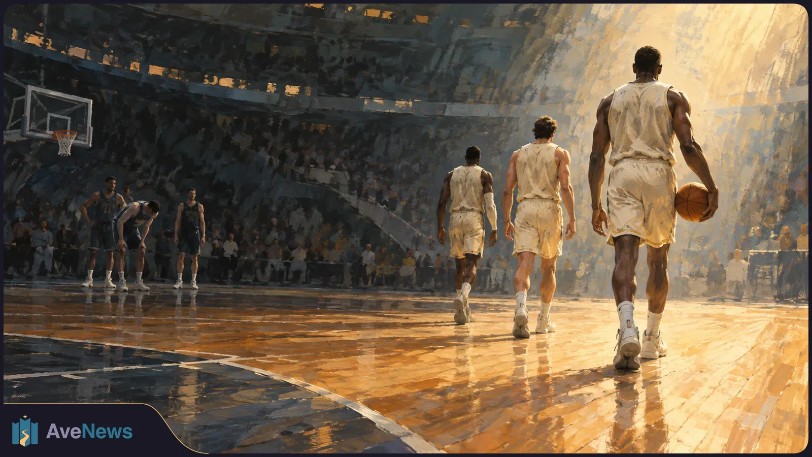 Painterly basketball scene: three players in white walk toward opponents in dark uniforms on a brightly lit indoor court; the nearest carries a ball, with a hoop and crowd behind. SI illustration