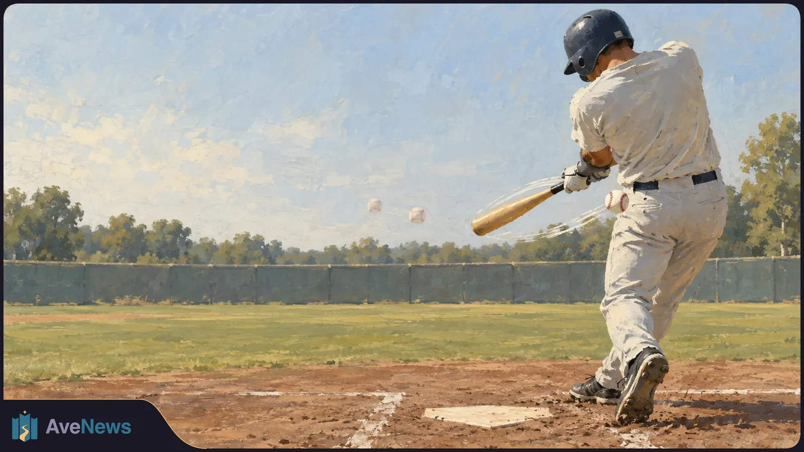 Painted baseball scene: a batter in a white uniform and dark helmet swings near home plate. Repeated baseballs and curved streaks suggest motion across a sunlit field. SI illustration