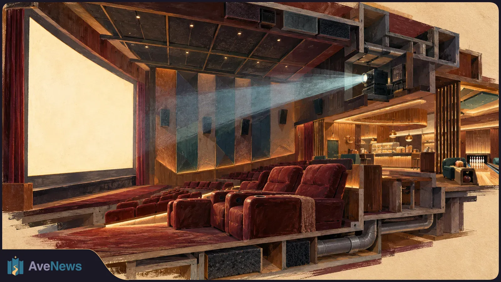 Cutaway illustration of a movie theater with a glowing screen, red reclining seats, a projector beam, a concession counter and a bowling lane. SI illustration