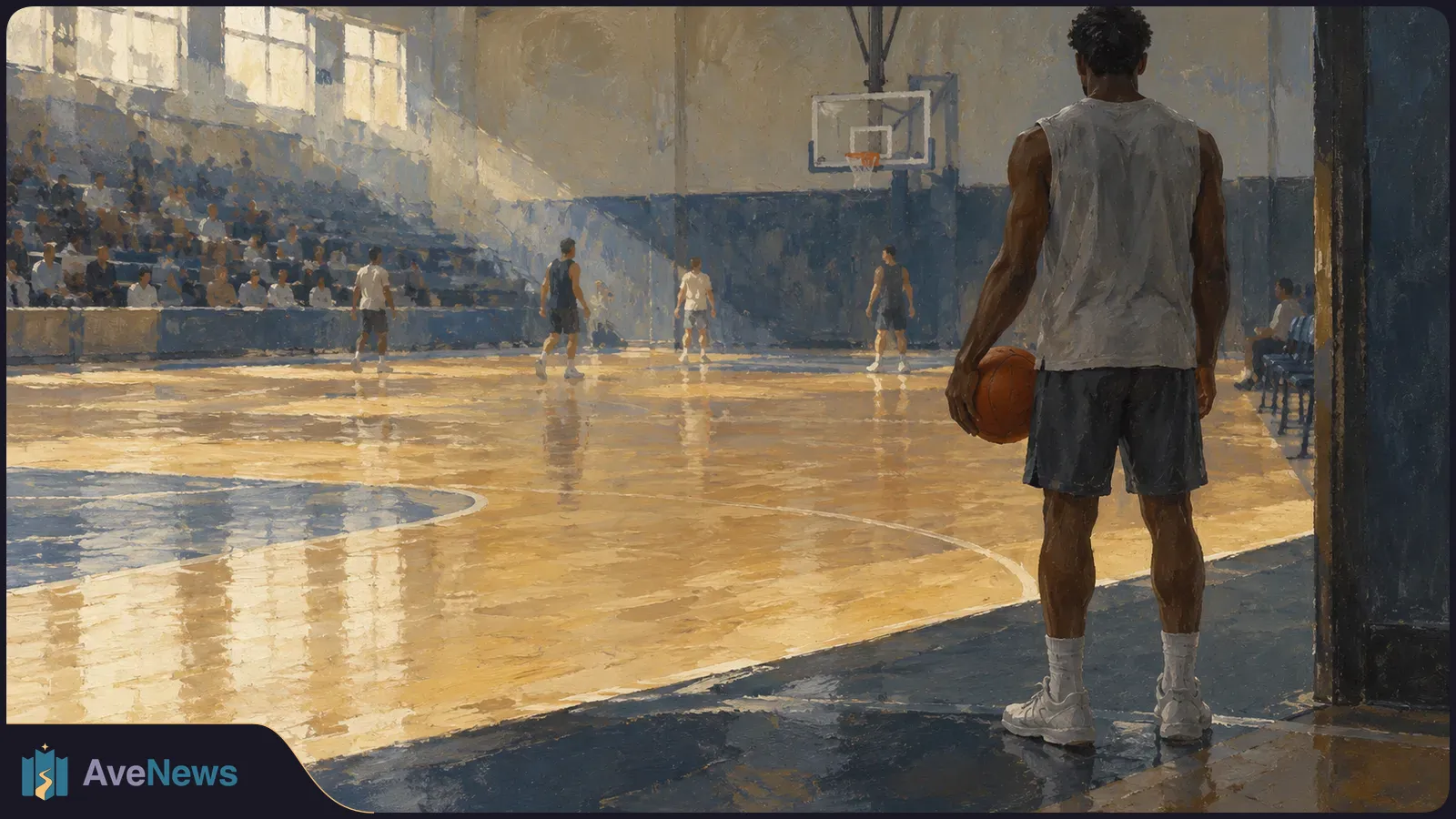 Painterly indoor basketball scene: a player holding a ball stands at the sideline, with other players, a hoop and spectators across the sunlit court. SI illustration