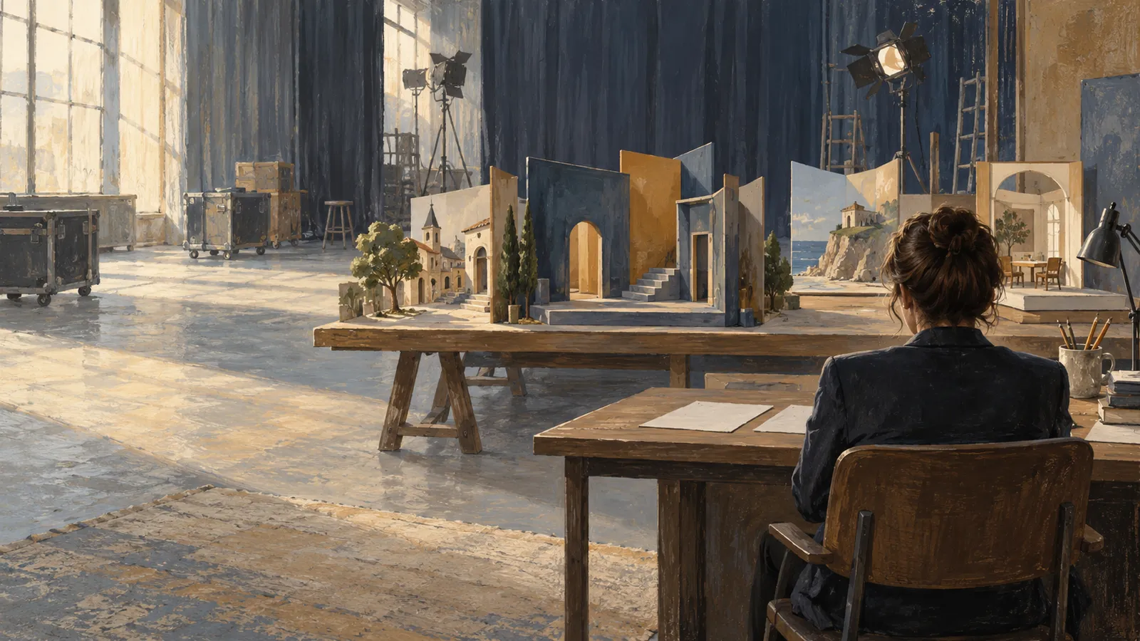 A person sits at a desk facing miniature stage sets in a sunlit studio, surrounded by lights, curtains and equipment cases. SI illustration