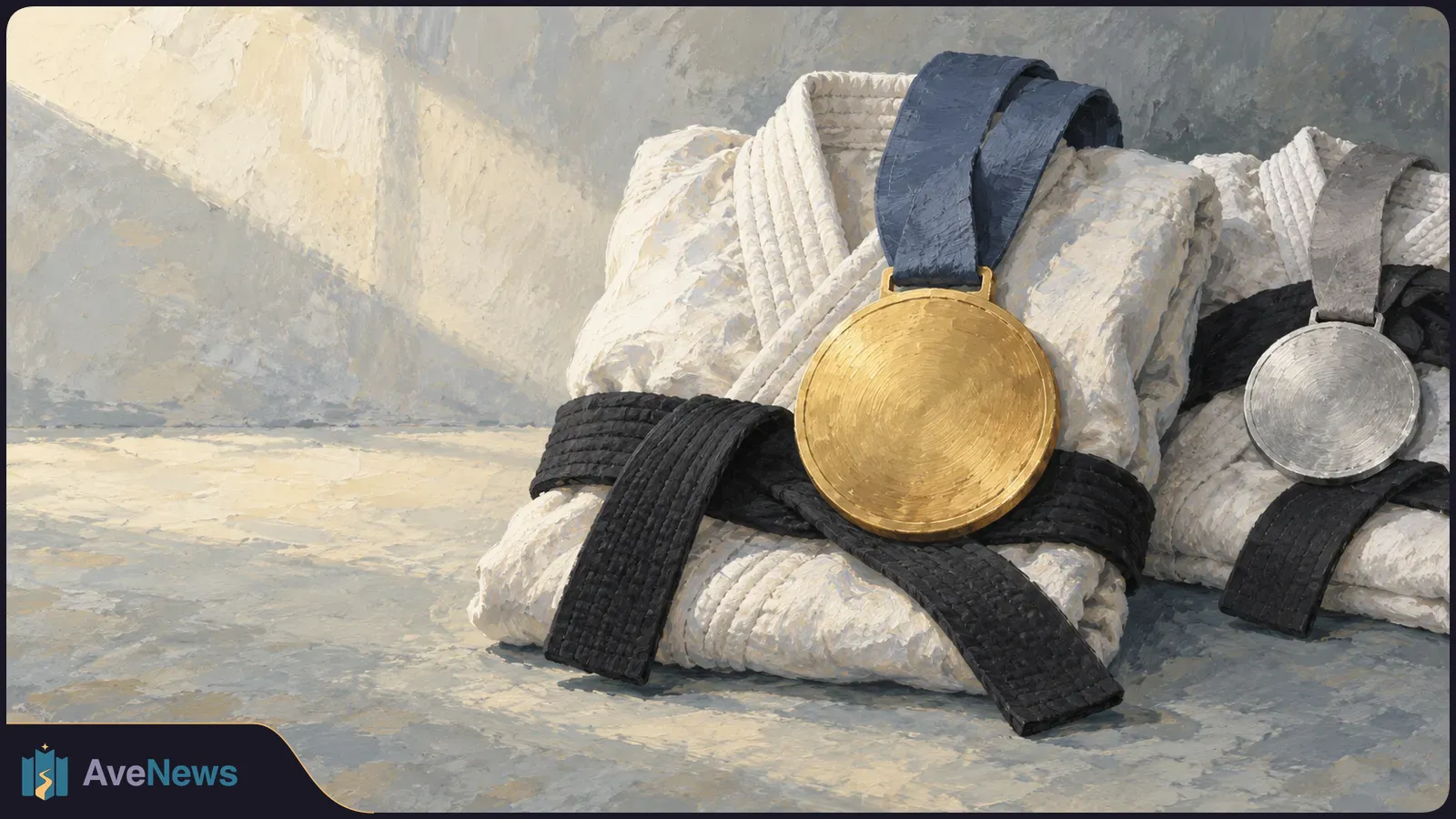 Painterly illustration of two folded white judo uniforms with black belts, one with a gold medal and the other with a silver medal. SI illustration
