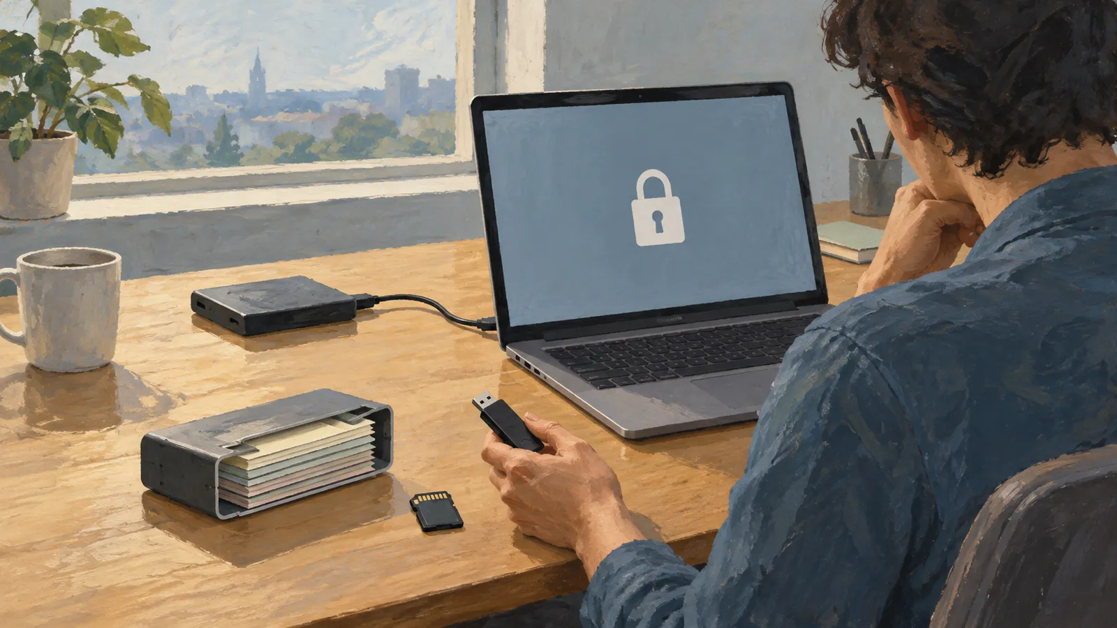 A person holds a USB drive beside a laptop displaying a closed padlock. An external drive, memory card and a container of stacked sheets sit on the desk. SI illustration