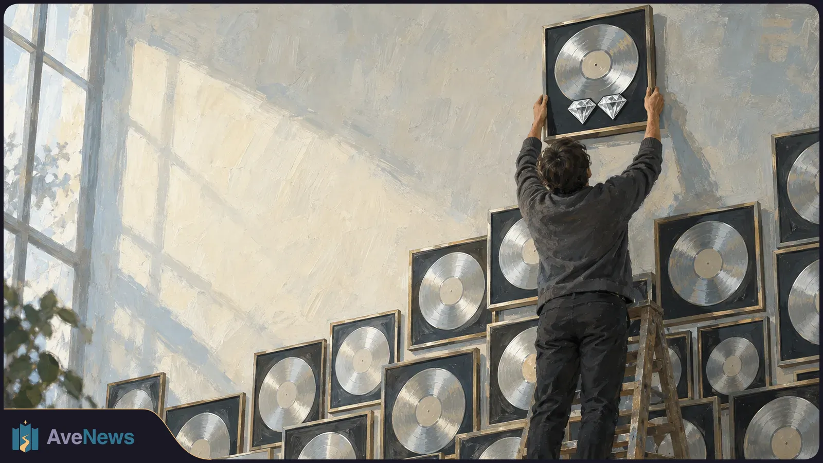 A painted scene shows a person on a ladder lifting a framed silver record with two diamond symbols onto a wall crowded with record plaques. SI illustration