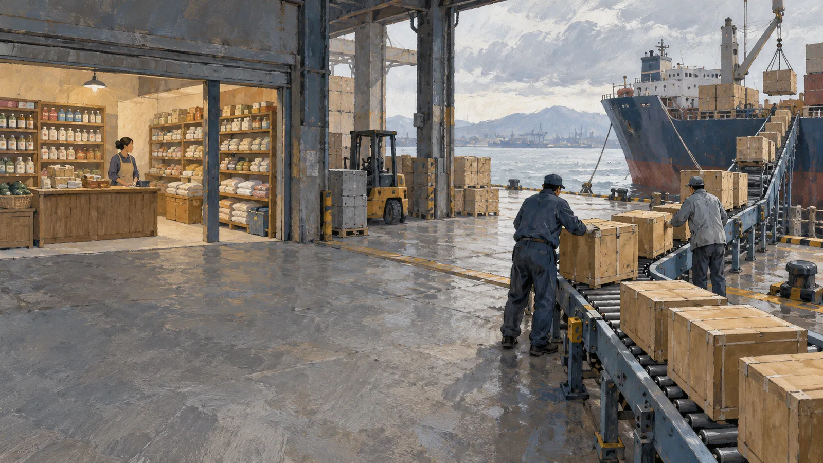 A painted harbor scene shows workers beside crates on a conveyor leading to a cargo ship, with a forklift and a small stocked shop nearby. SI illustration