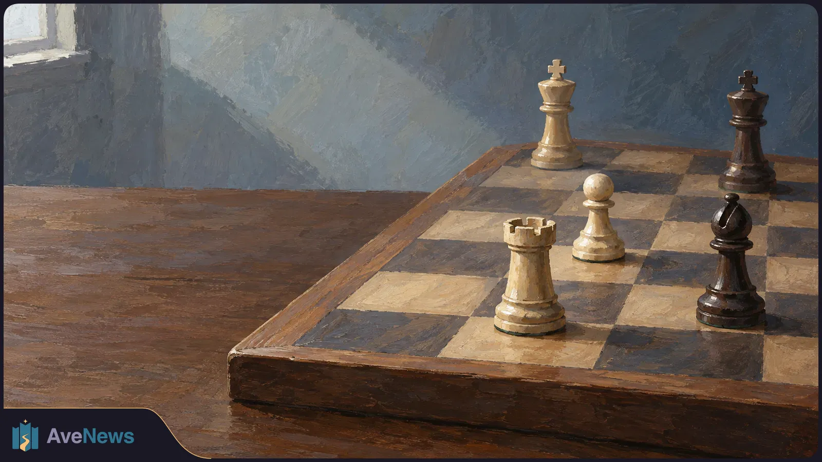 Painterly illustration of a chessboard on a wooden table by a window, with a white king, rook and pawn facing a black king and bishop. SI illustration