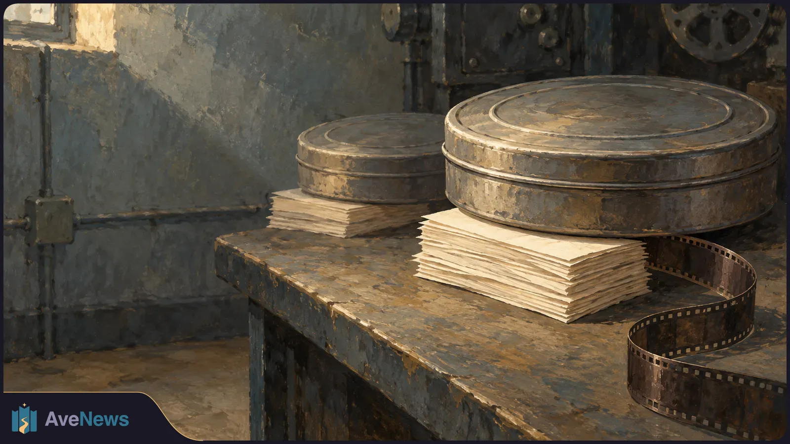Two metal film canisters sit on stacks of paper on a worn table, with a strip of film curling across the foreground. SI illustration
