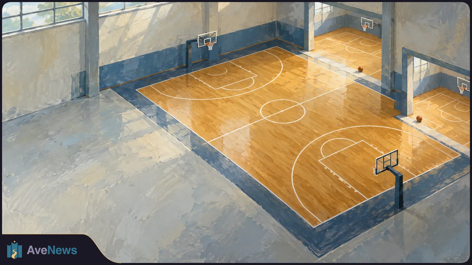 Painted overhead view of a large indoor basketball court beside two smaller courts, each with a basketball on the floor. SI illustration