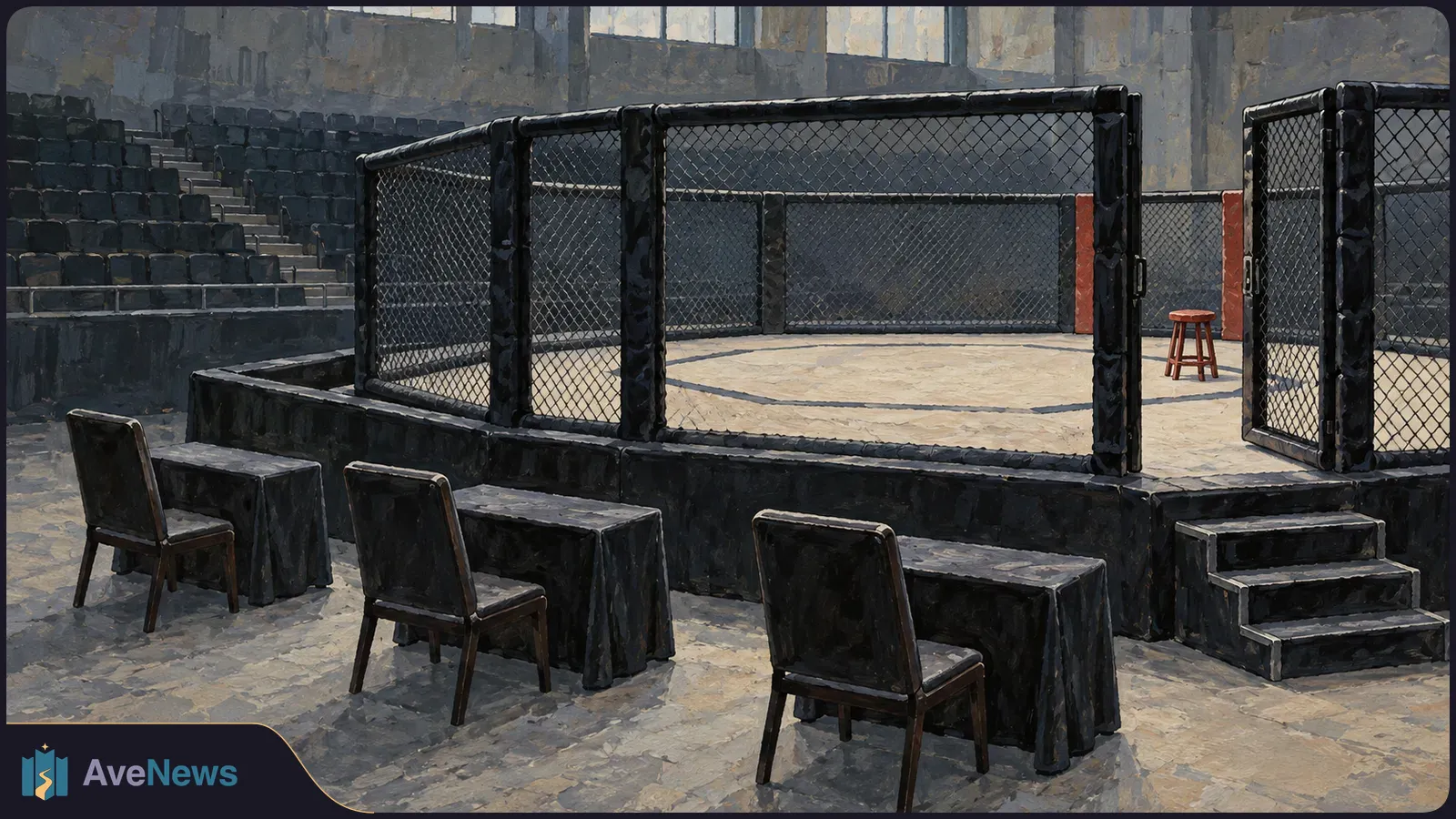 Painted view of an empty chain-link fighting cage with a stool inside, tiered seating behind it, and three chairs and tables beside it. SI illustration