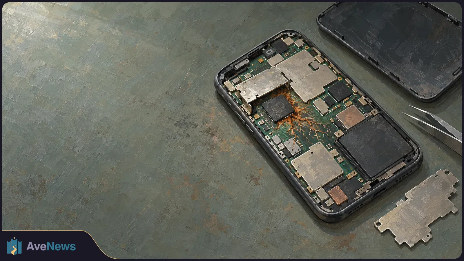 An opened smartphone reveals its circuit board and chips, with orange branching lines spreading across the center. Its cover and a metal plate lie beside it. SI illustration