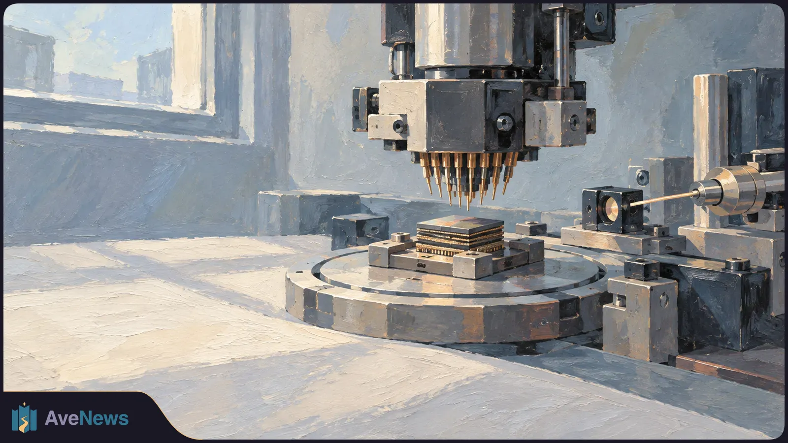 Painted illustration of a semiconductor chip on a circular platform beneath a cluster of testing probes, with another probe extending from the right. SI illustration