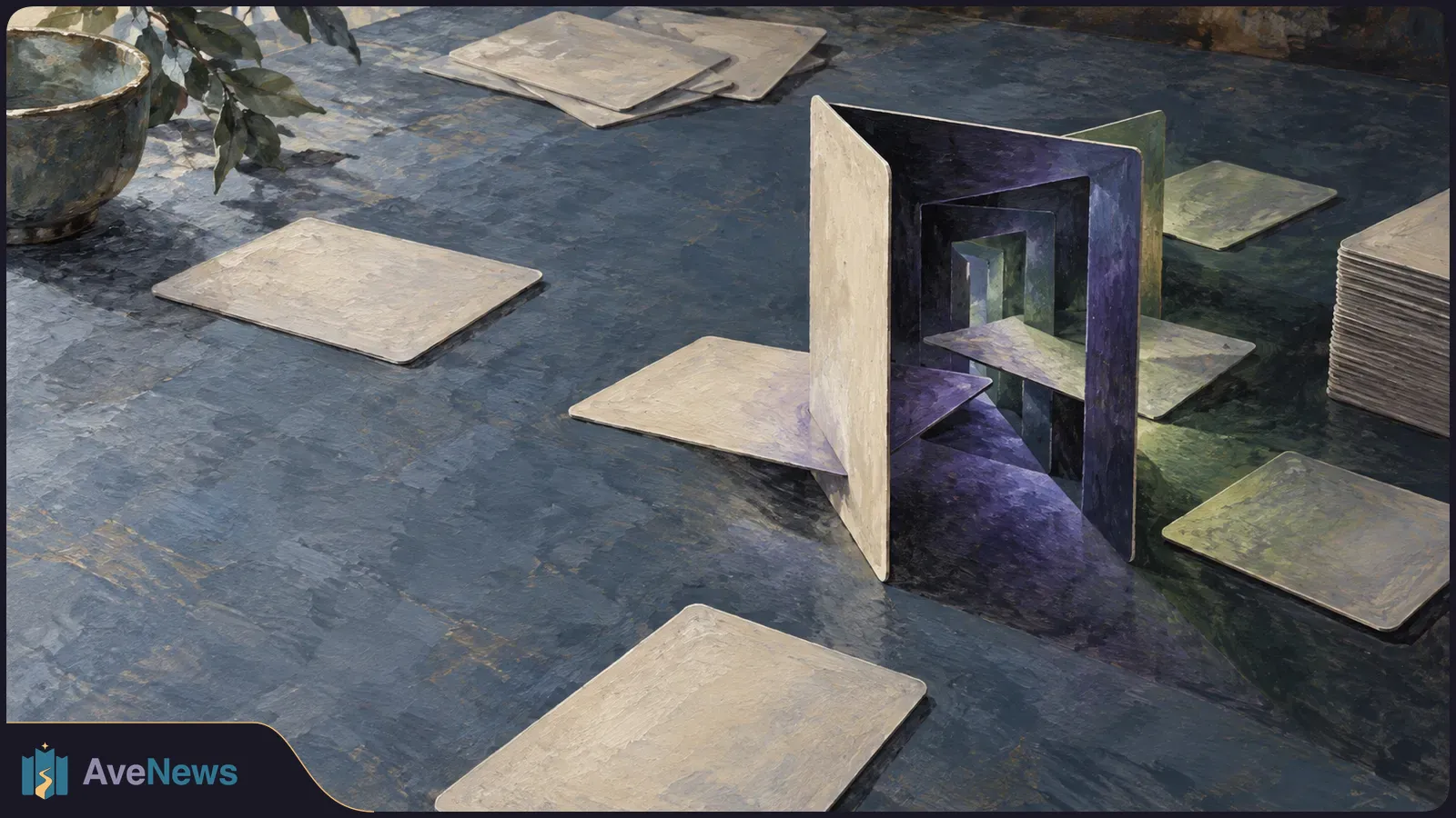 Blank cards lie across a dark tabletop around a standing, nested doorway-like structure made of cards; a bowl and leafy branch appear at the edge. SI illustration