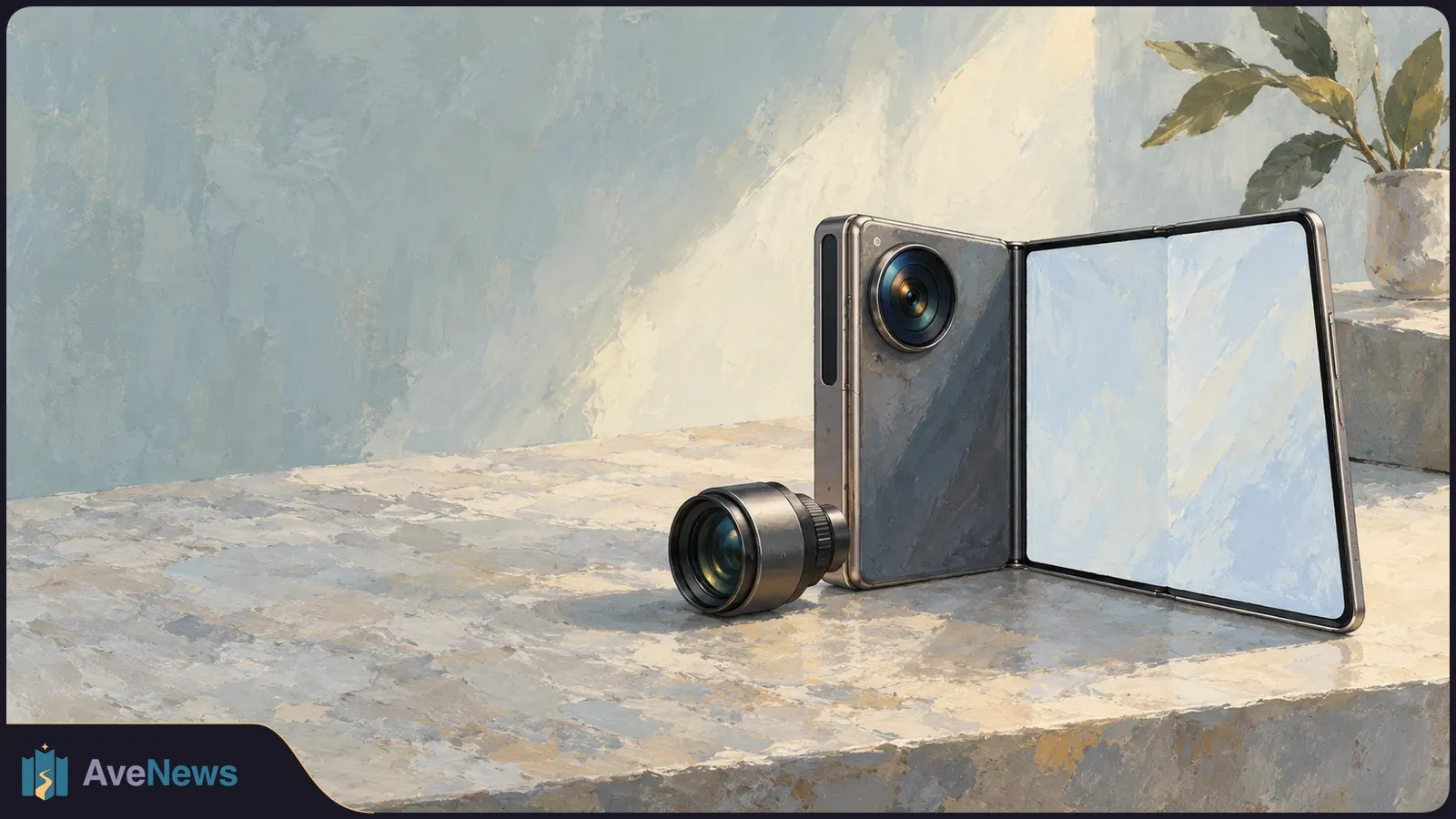 Painterly image of an open foldable phone with a large inner screen and rear camera, beside a separate camera lens attachment on a stone table. SI illustration