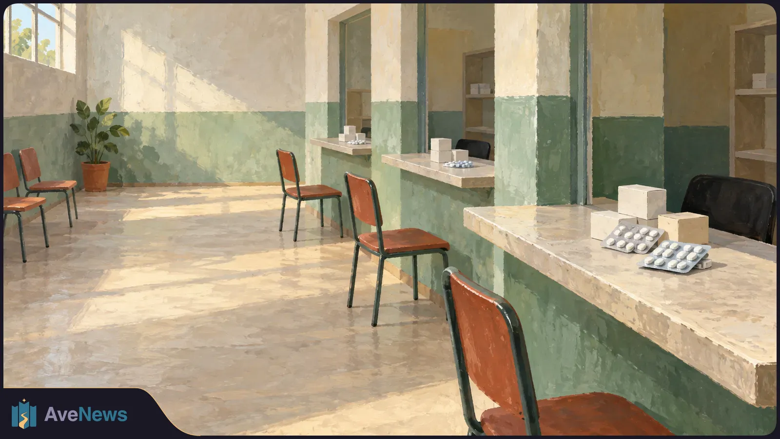 A painted, sunlit waiting room has empty chairs facing service counters. Blister packs of tablets and plain boxes sit on the counters. SI illustration