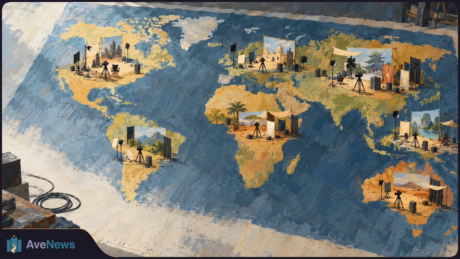 Painted world map with miniature film sets, cameras, lights and backdrops placed across several continents. SI illustration