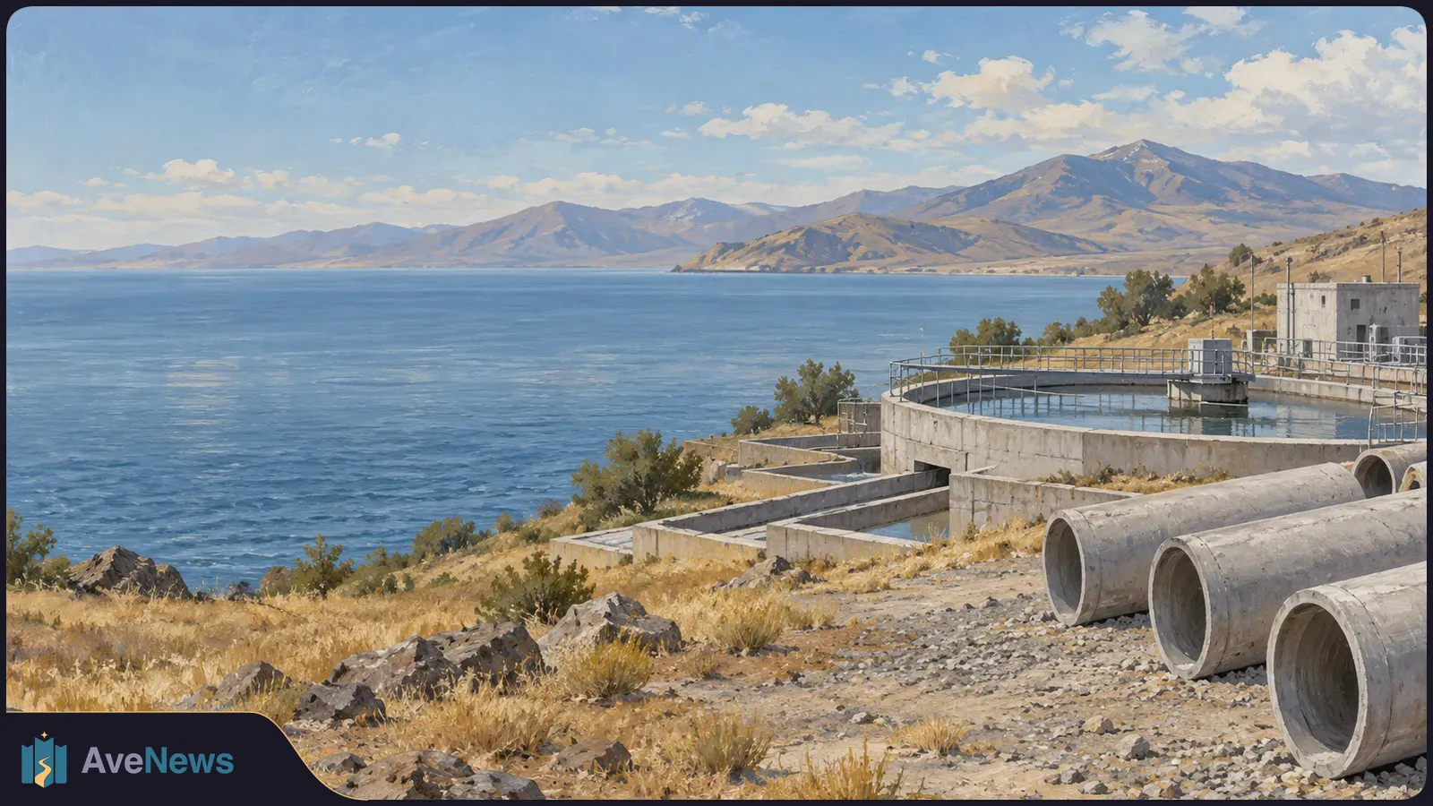 Painted view of a lakeside water-treatment basin and large concrete pipes, with dry, rocky ground and mountains beyond the water. SI illustration