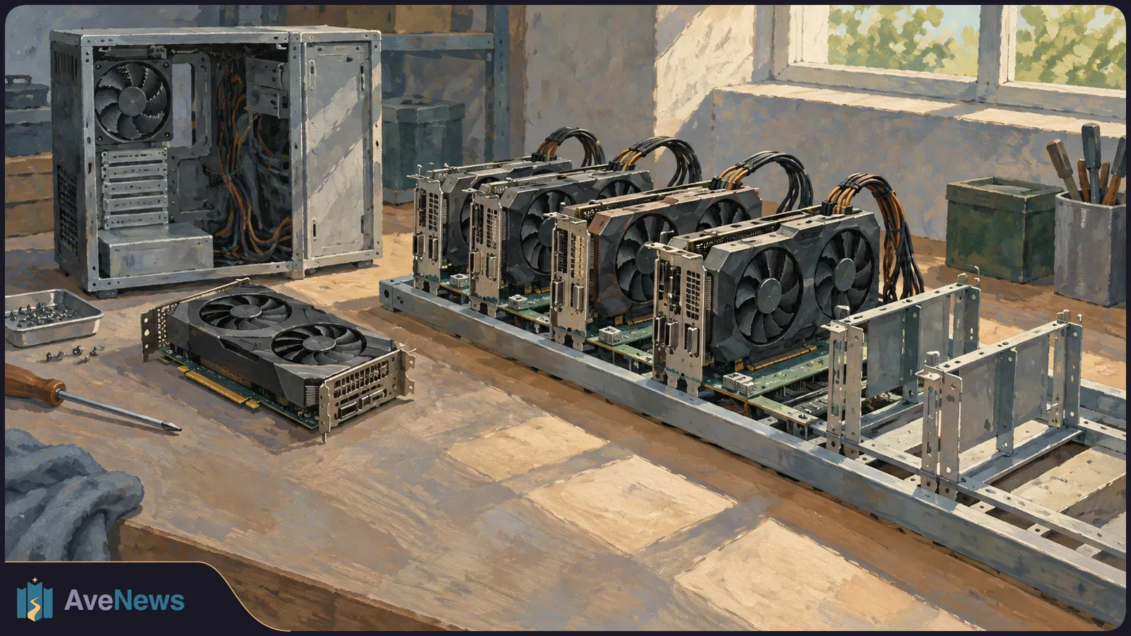 A painted workbench scene shows graphics cards mounted in an open metal frame, with a loose card, an open computer case, cables and tools nearby. SI illustration