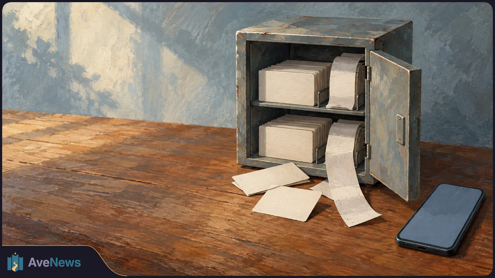 Painted scene of an open metal cabinet holding stacks of blank cards and curling paper strips, with loose cards and a dark-screen phone on a wooden table. SI illustration