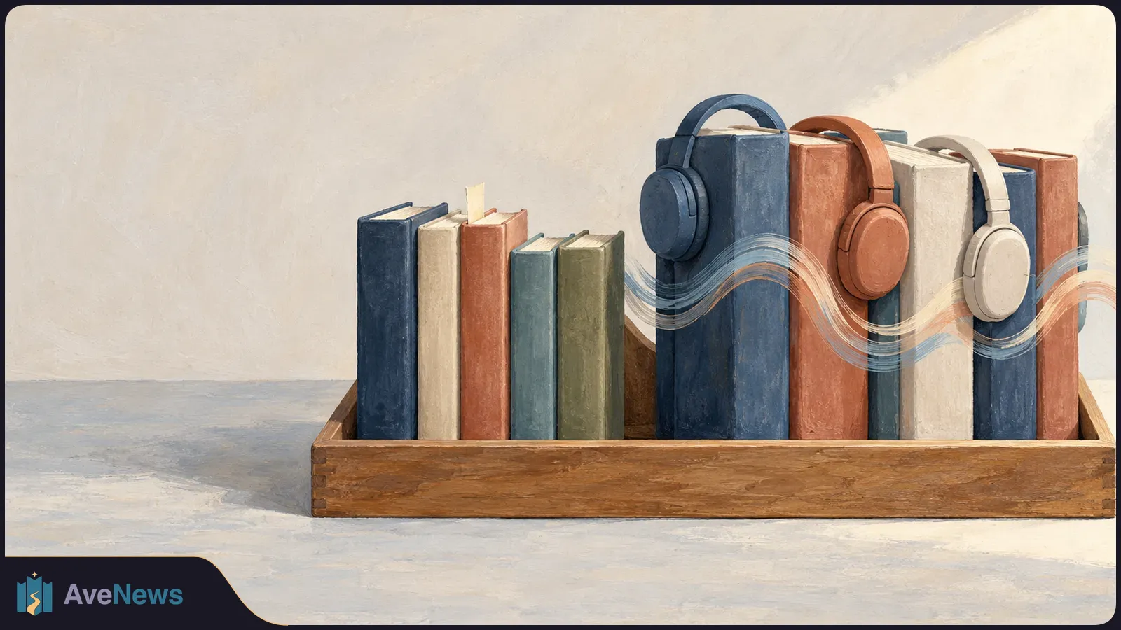 Illustration of colorful books in a wooden tray, with headphones draped over several volumes and flowing lines crossing their spines. SI illustration