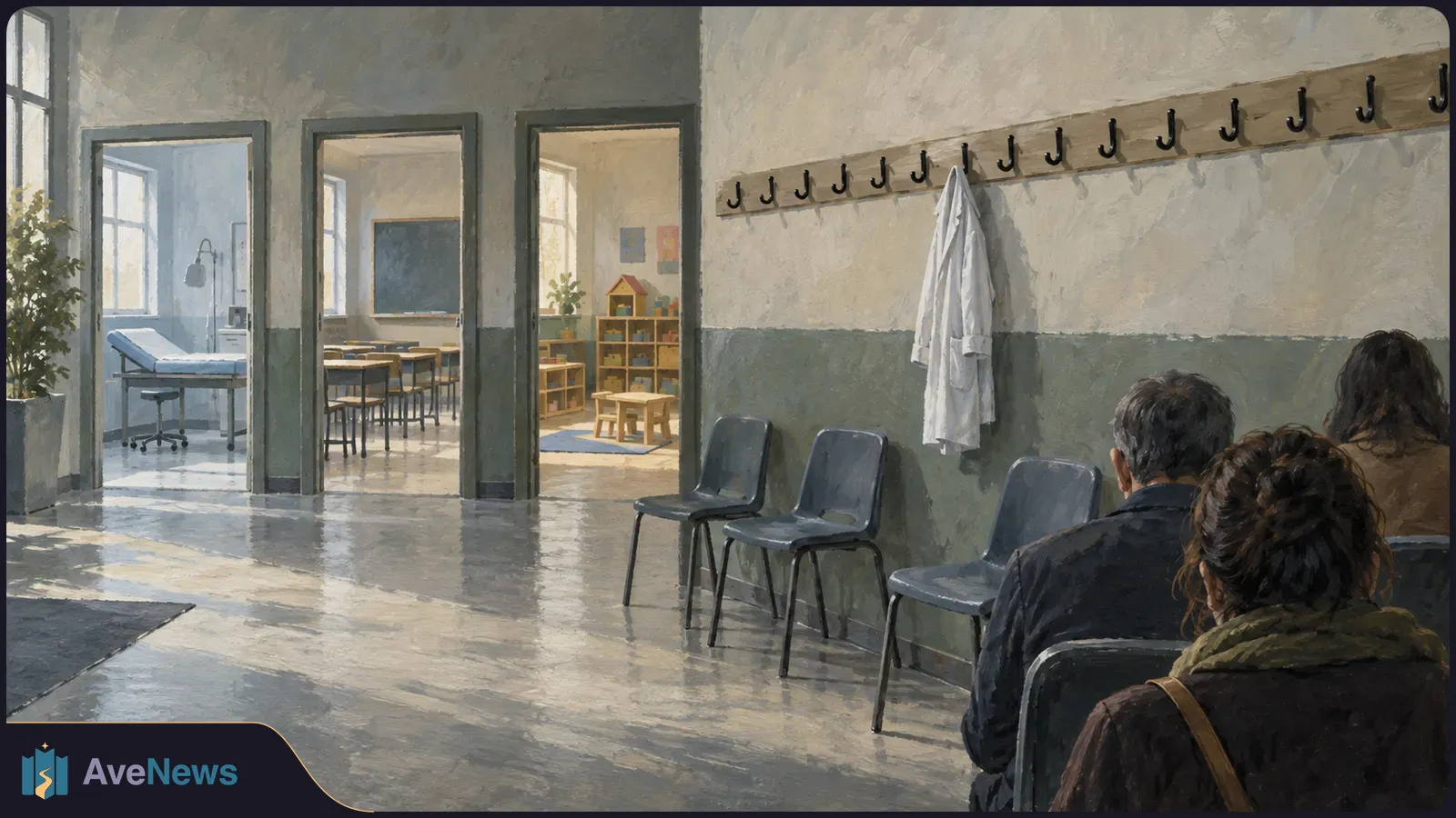 Painterly view of a waiting area with three people seated, empty chairs and a coat on wall hooks. Doorways lead to an exam room, a classroom and a playroom. SI illustration