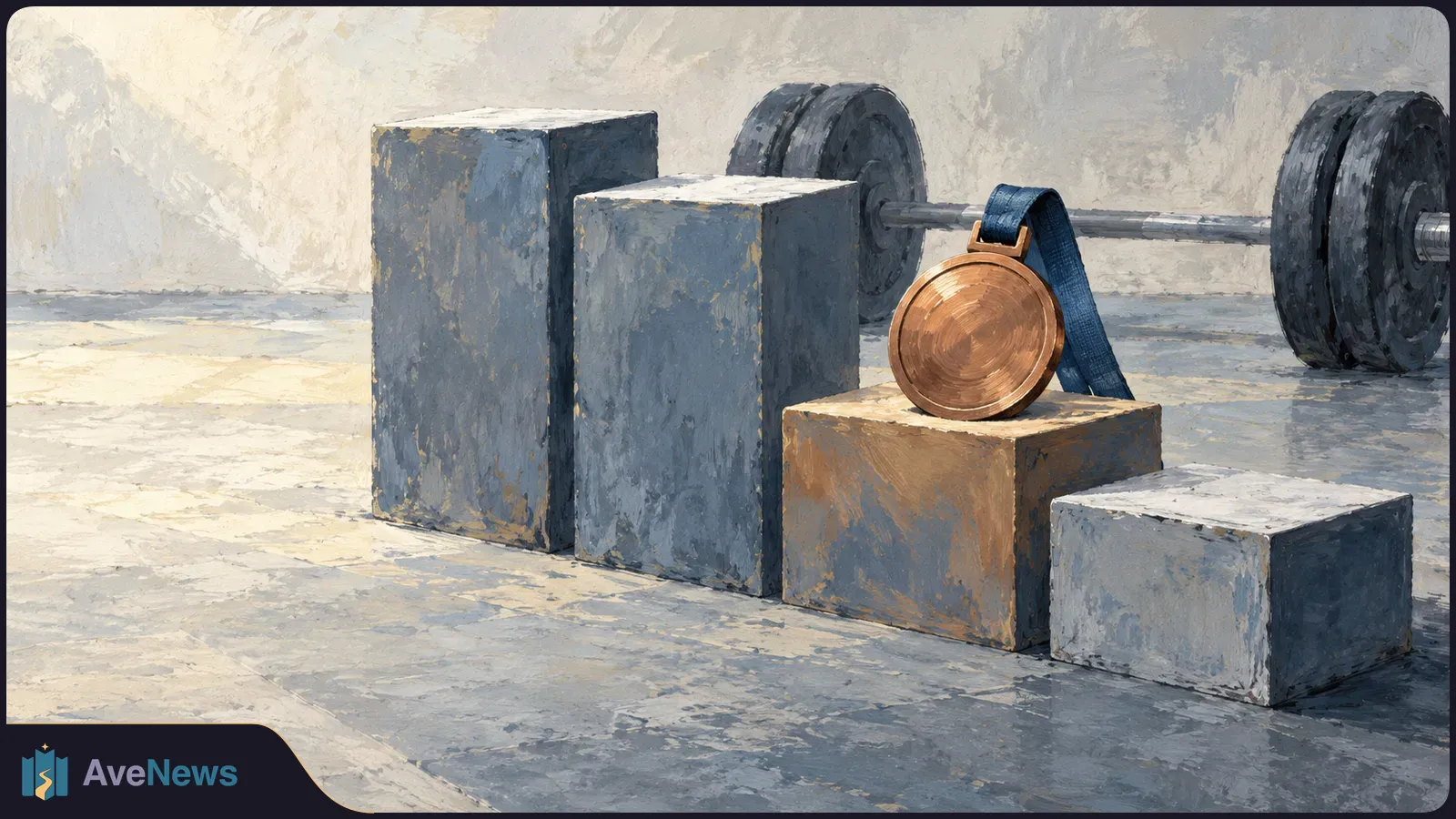 Painterly illustration of a bronze-colored medal on one of four blocks of varying heights, with a barbell behind them. SI illustration